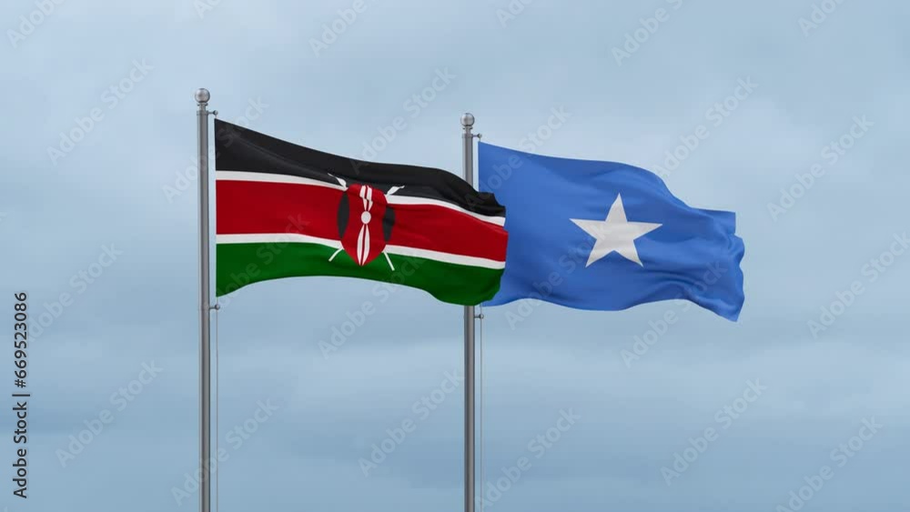 Somalia and Kenya flag waving together on cloudy sky, endless seamless loop, two country cooperation concept Somalia and Kenya flag waving together on cloudy sky, endless seamless loop, two country cooperation concept