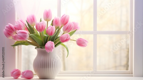 Beautiful pink tulips in glass vase on windowsill background