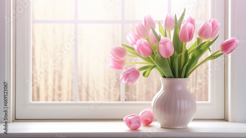 Beautiful pink tulips in glass vase on windowsill background