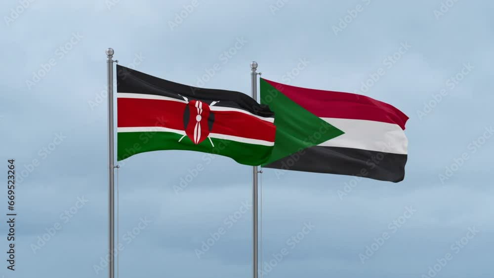 Sudan and Kenya flag waving together on cloudy sky, endless seamless loop, two country cooperation concept Sudan and Kenya flag waving together on cloudy sky, endless seamless loop, two country cooperation concept