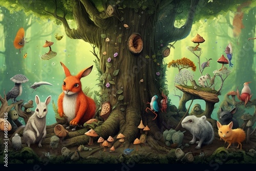 Illustration of woodland creatures enjoying themselves in a cartoon forest. Generative AI