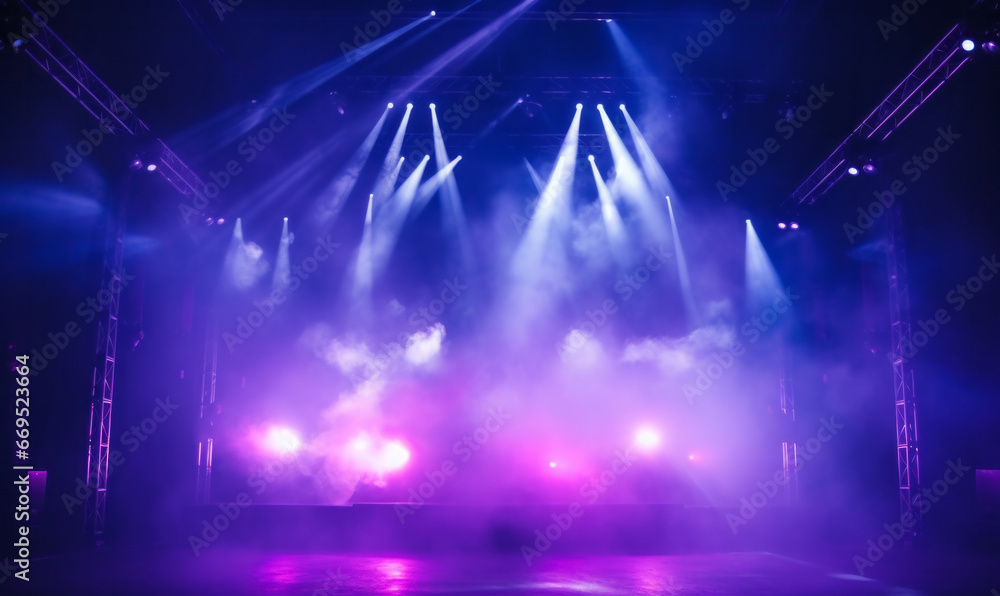 Dramatic concert stage with spotlights and laser lighting show and atmospheric smoke