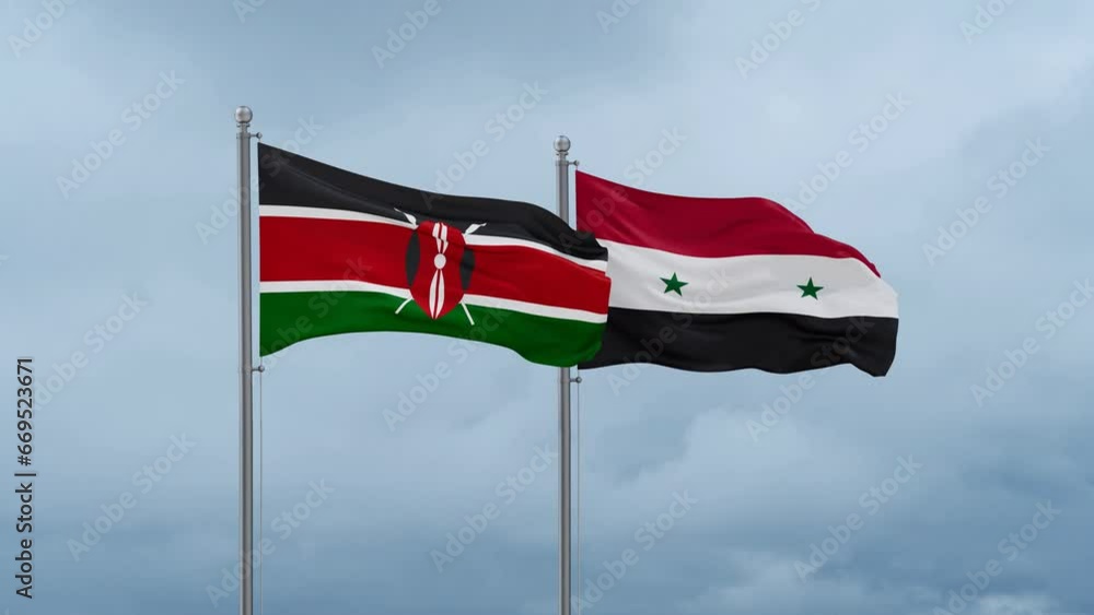 Syrian Arab Republic, Syria and Kenya flag waving together on cloudy sky, endless seamless loop, two country cooperation concept Syrian Arab Republic, Syria and Kenya flag waving together on cloudy sky, endless seamless loop, two country cooperation concept