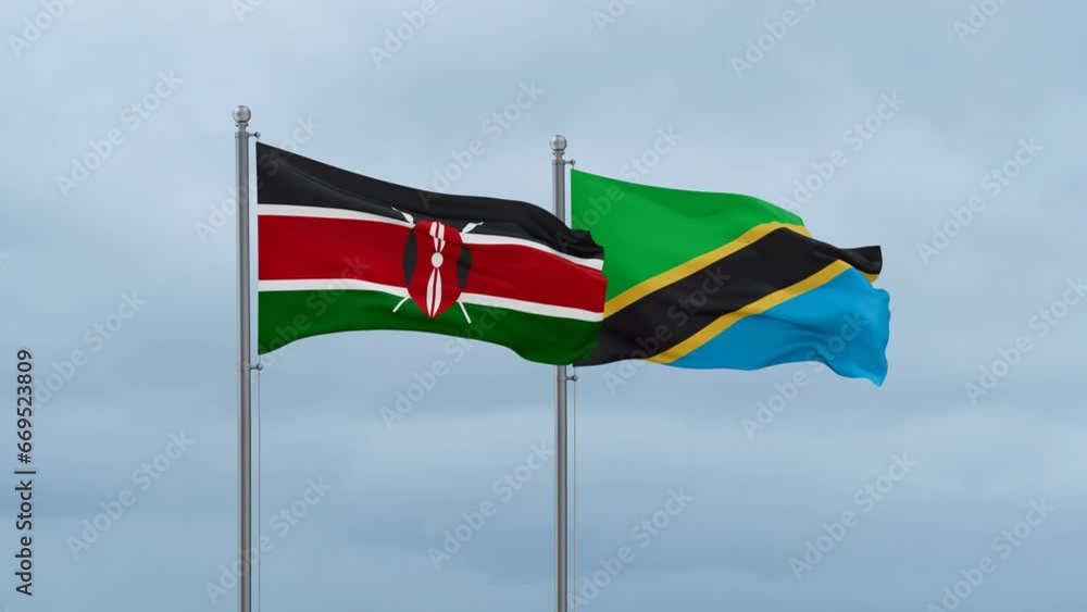 Tanzania and Kenya flag waving together on cloudy sky, endless seamless loop, two country cooperation concept Tanzania and Kenya flag waving together on cloudy sky, endless seamless loop, two country cooperation concept