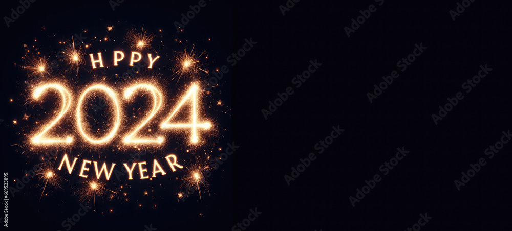 Happy New Year 2024" in gold sparkler firework text on a black ...
