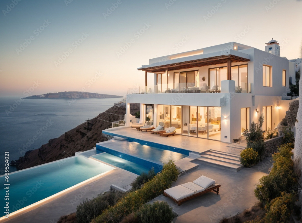 Luxury house with swimming pool and terrace in modern design, contemporary holiday villa exterior.