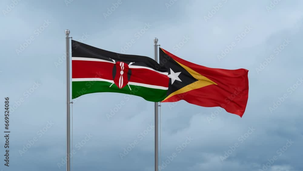 East Timor and Kenya flag waving together on cloudy sky, endless seamless loop, two country cooperation concept East Timor and Kenya flag waving together on cloudy sky, endless seamless loop, two country cooperation concept