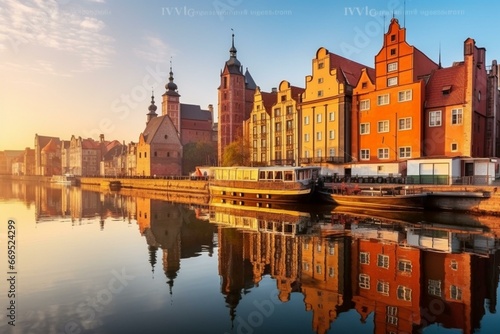 Enchanting morning view of Gdansk's old town beside Motlawa River in Poland. Generative AI