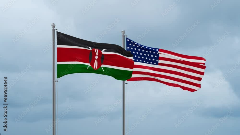 USA and Kenya flag waving together on cloudy sky, endless seamless loop, two country cooperation concept USA and Kenya flag waving together on cloudy sky, endless seamless loop, two country cooperation concept