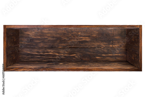 Empty dark wood bookshelf isolated on white background.