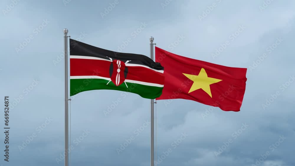 Vietnam and Kenya flag waving together on cloudy sky, endless seamless loop Vietnam and Kenya flag waving together on cloudy sky, endless seamless loop