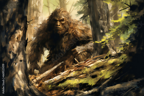 Bigfoot, also known as Sasquatch, is a legendary and elusive creature of North American folklore, often described as a large, ape-like hominid, computer Generative AI stock illustration image photo