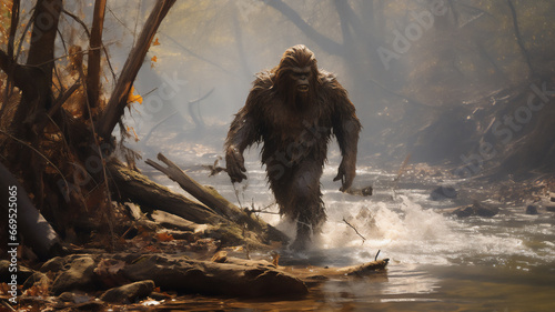 Bigfoot, also known as Sasquatch, is a legendary and elusive creature of North American folklore, often described as a large, ape-like hominid, computer Generative AI stock illustration image