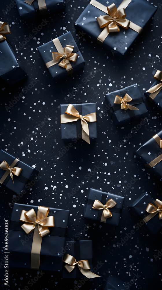 Christmas gift boxes with golden ribbon on a dark grey background and snowflakes. Christmas concept. Christmas gift boxes with golden ribbon on a dark grey background and snowflakes. Christmas concept.