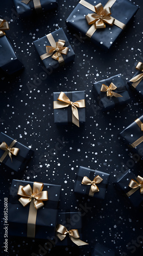 Christmas gift boxes with golden ribbon on a dark grey background and snowflakes. Christmas concept.