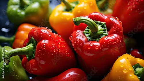 Close up shot of freshly harvested bell peppers,  splashing water and water drop , highlighting their vibrant colors and enticing crispness photo