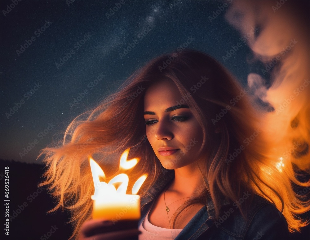 A beautiful blonde woman holding a burning candle while standing outside on a dark starry night