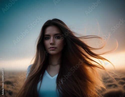 A beautiful female standing outside with her hair in the wind