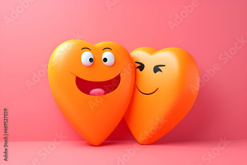 Extremely cute cartoon hearts on pink background. 3D cartoon heart characters with happy face and open mouth face. Orange colored hearts in love. Hug Day or Valentine Day illustration, emoji template