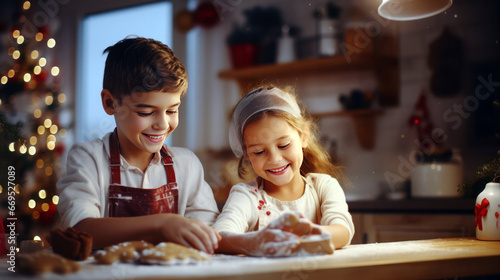 children baking cookies in kitchen