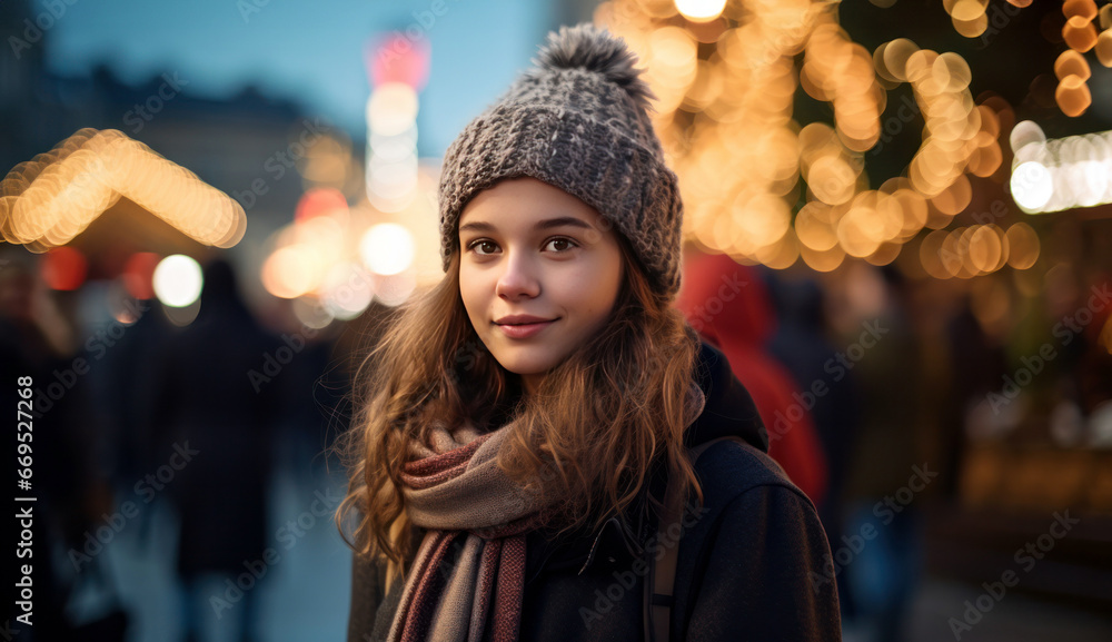 portrait of a teen in the street on Christmas night portrait of a teen in the street on Christmas night
