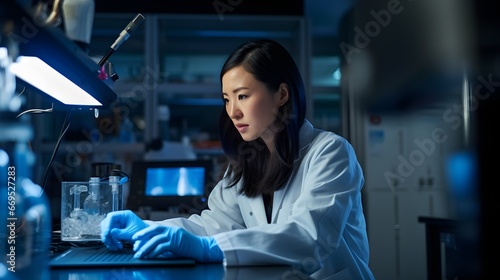 Women in science, a female scientist analyzing samples, the precision and complexity of her work evident in the frame