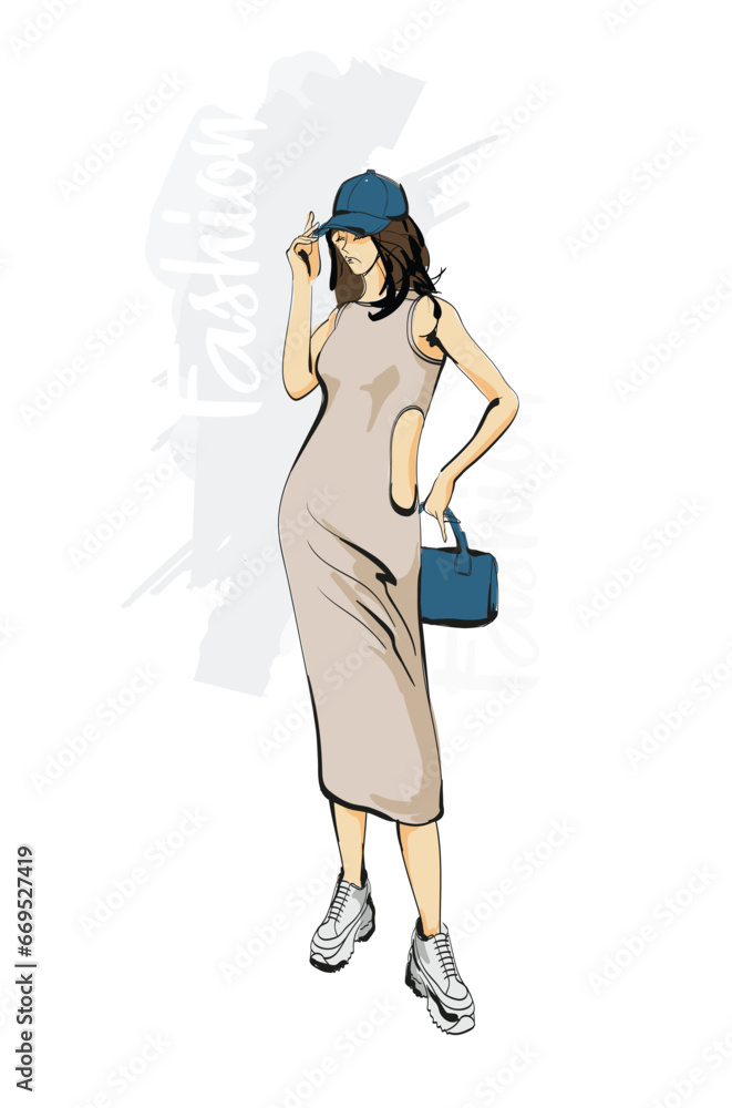 young beautiful women in stylish clothes. Fashion sketch. young beautiful women in stylish clothes. Fashion sketch.