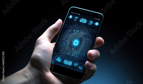 mobile phone with biometric control in hand, cybersecurity concept