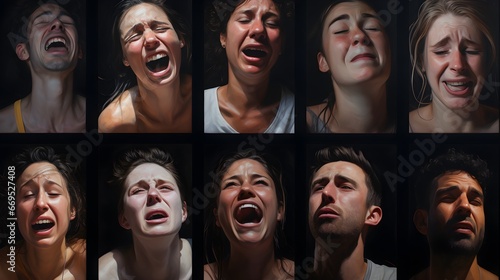 Expressive faces, men and women displaying a spectrum of emotions, from anger to contentment, emphasizing human depth beyond gender