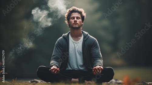 Mental health moments, a man meditating or journaling, showcasing self-care and emotional introspection photo
