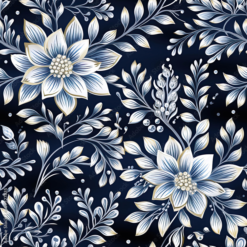 seamless pattern with white flowers on a dark blue floral background. Modern ornament for fabric
