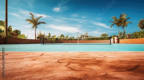 Abstract closeup image of outdoor clay tennis court with blue surface and rackets at tropical hotel holiday resort