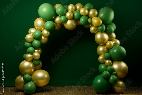 Arch made of balloons in green and gold, set against a green background. Generative AI