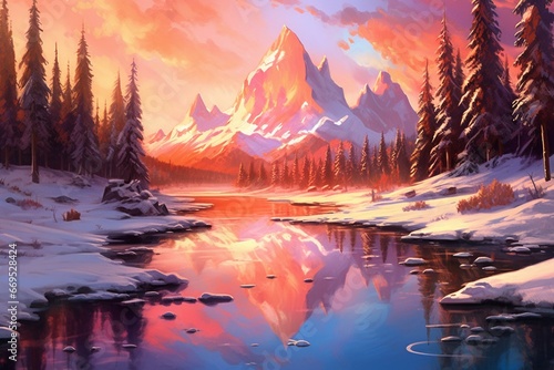 Scenic snowy mountains bask in the warm glow of sunset, painting the sky with hues of orange and pink. Generative AI © Emily