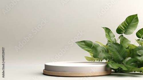 Product display podium with nature leaves on white background. 3D rendering