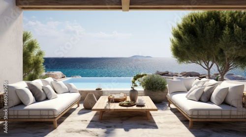Outdoor lounge area of a luxury villa with a view of the Mediterranean sea. Summer vacation at poolside. above the sea © HN Works