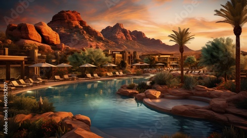 Arizona resort with pool during sunset photo