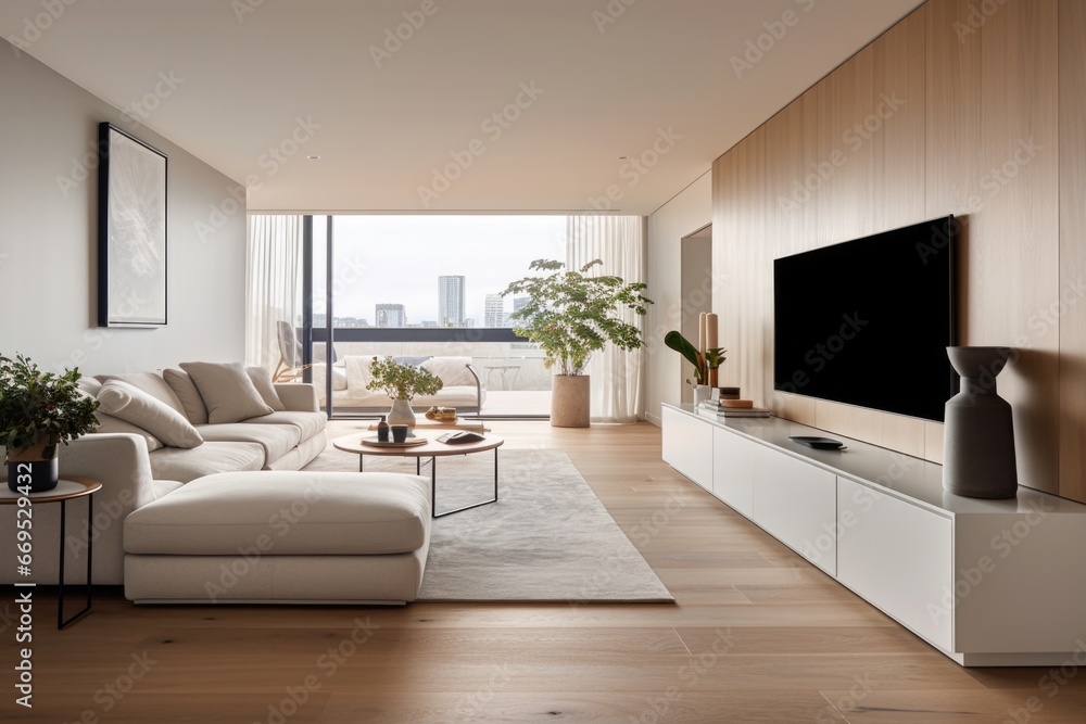 Fototapeta premium modern living room with large windows and city background background