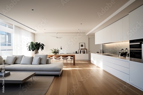 Modern Living Room Interior With Sofa, Coffee Table, Parquet Floor And Garden View From The Window © Hope