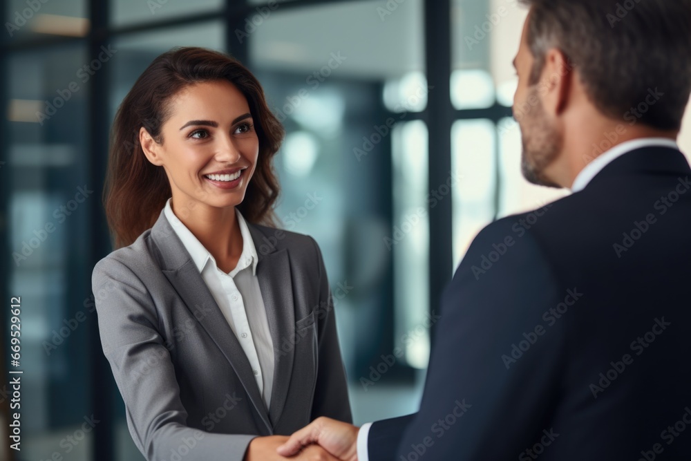 Female and Male Business Partners Meet in Office, Shake Hands. Corporate CEO and Finance Manager Have Meeting in City Office. Businesspeople Came to Discuss Real Estate Purchase and Marketing Project. Female and Male Business Partners Meet in Office, Shake Hands. Corporate CEO and Finance Manager Have Meeting in City Office. Businesspeople Came to Discuss Real Estate Purchase and Marketing Project.