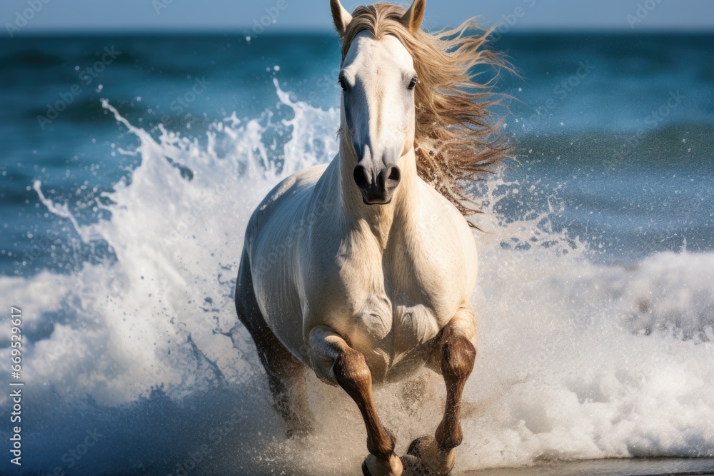 Horse run against the ocean, galloping through water. Horse run against the ocean, galloping through water.