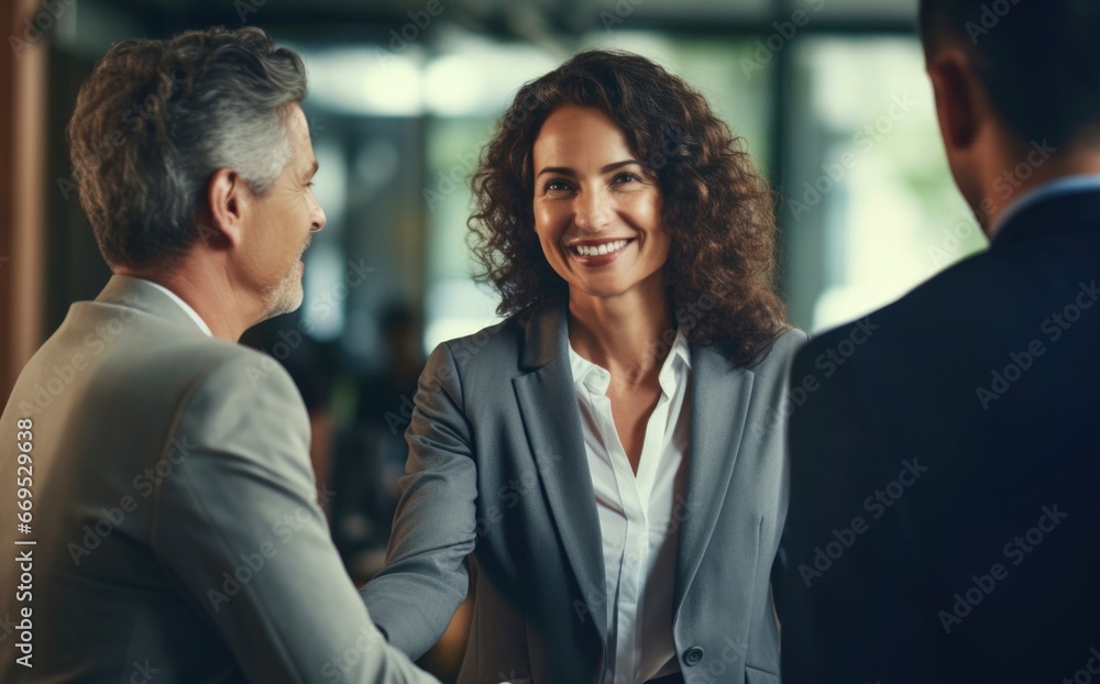 Young business people shaking hands in the office. Finishing successful meeting. Three persons
Young business people shaking hands in the office. Finishing successful meeting. Three persons