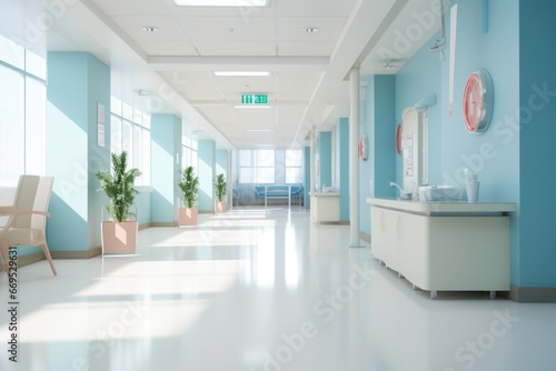 Empty corridor in modern hospital with information counter and hospital bed in rooms.