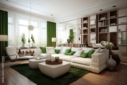 Scandinavian Home Decor in Beige and Green Tones  Accentuated by Oversized Windows.