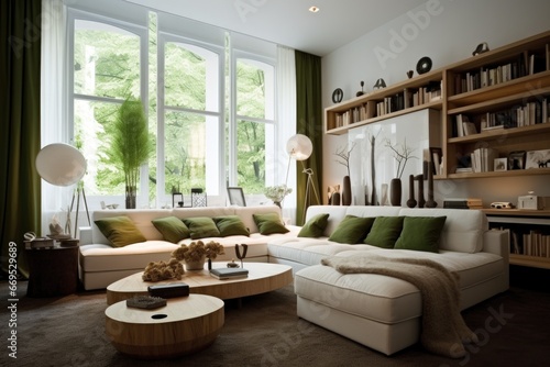 Cozy Scandinavian Apartment Decor with Beige and Green Accents  Featuring Spacious Windows