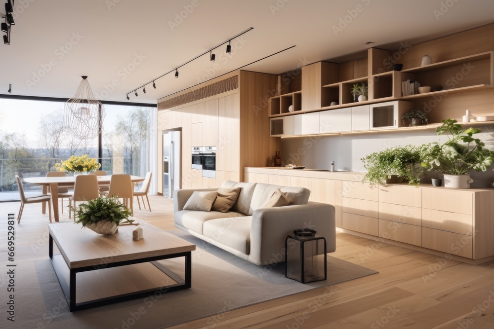 Fototapeta premium Modern Contemporary kitchen room interior and living room space with sofa , wooden furniture .white and wood material 3d render