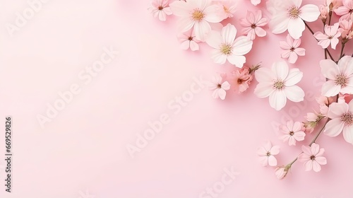 Mother's day or birthday greeting card concept. Festive flower arrangement on a pastel pink background. Top view flat lay. Copy space.