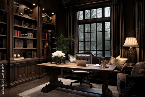 Luxury modern home office interior with panoramic windows shelves and desktop computer placed on wooden table
