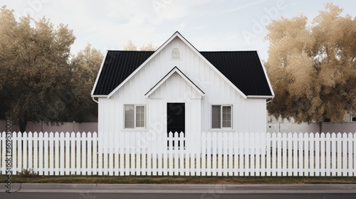 Photography of a white wooden house whit a black gabble roof and a white wooden fence photo