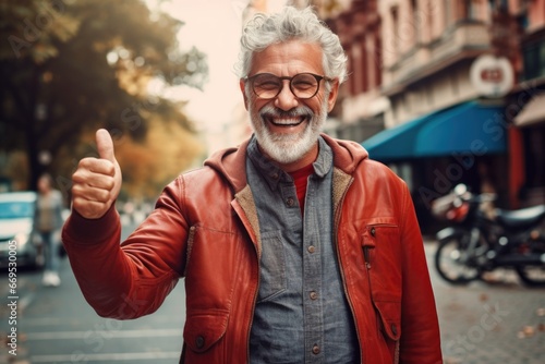 Happiness portrait of a person. In the heart of the city, an older man embraces urban life, radiating poise and vitality.